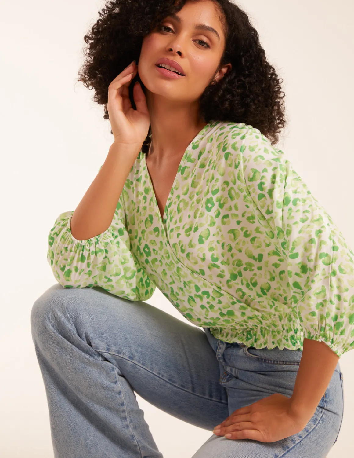 Leopard Print Elasticated Sleeve Wrap Front Elastic Hem Top