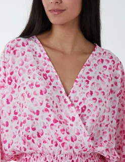 Leopard Print Elasticated Sleeve Wrap Front Elastic Hem Top
