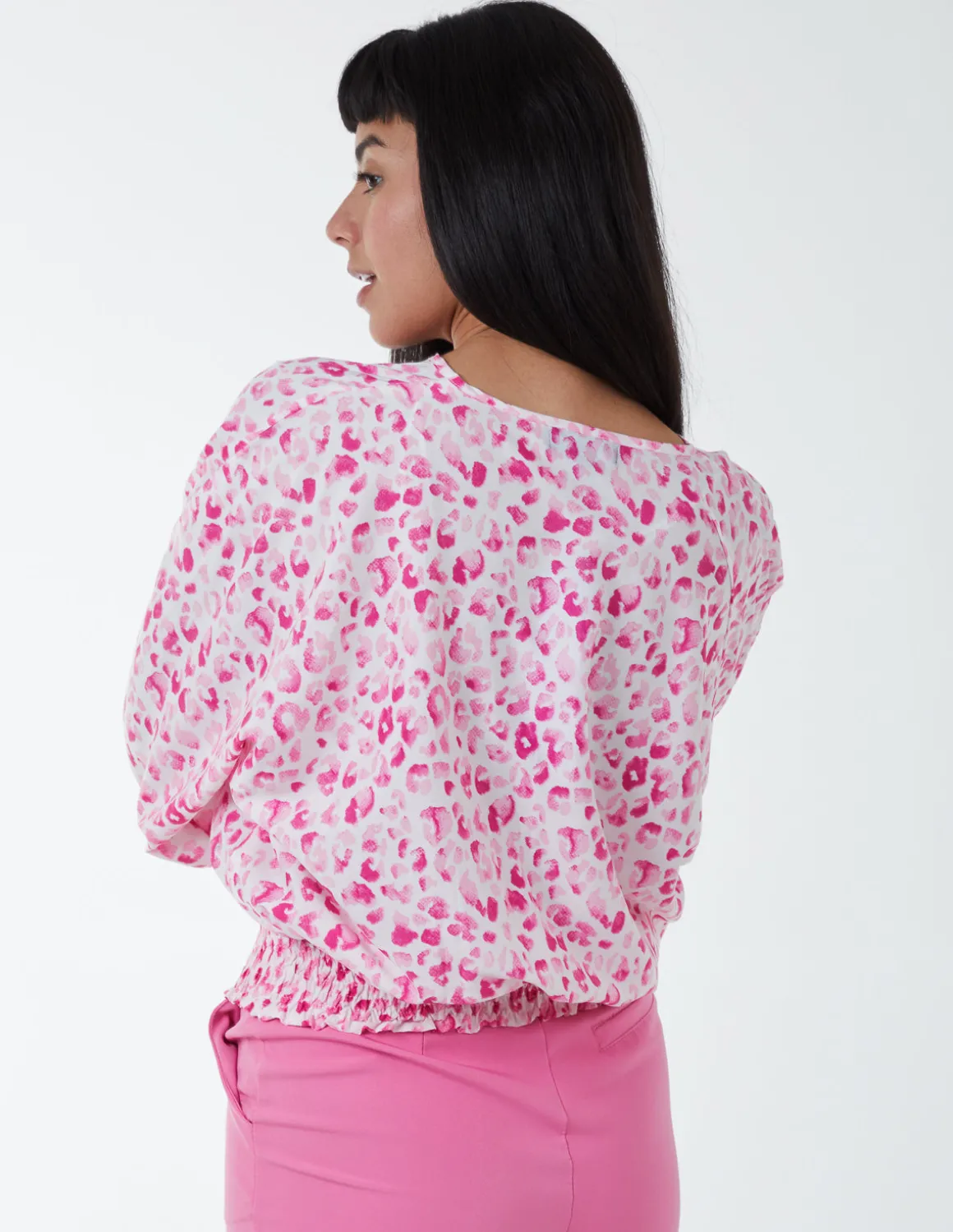 Leopard Print Elasticated Sleeve Wrap Front Elastic Hem Top
