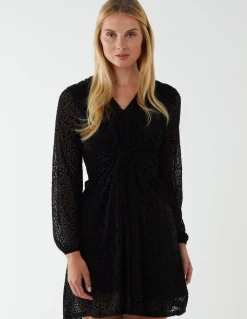 Leopard Print Flocked Knot Front Angel Sleeve Dress