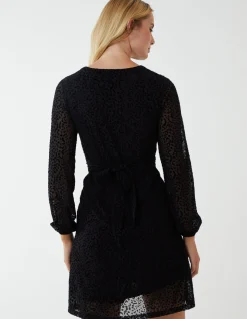 Leopard Print Flocked Knot Front Angel Sleeve Dress
