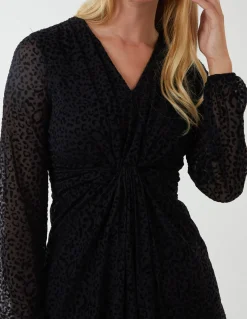 Leopard Print Flocked Knot Front Angel Sleeve Dress