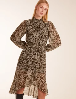 Leopard Print High Neck Wrap Frill Hem Midi Dress