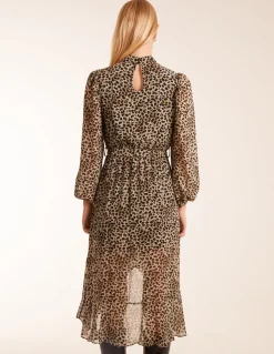 Leopard Print High Neck Wrap Frill Hem Midi Dress