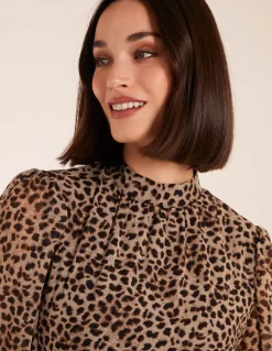Leopard Print High Neck Wrap Frill Hem Midi Dress