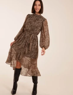 Leopard Print High Neck Wrap Frill Hem Midi Dress