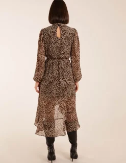 Leopard Print High Neck Wrap Frill Hem Midi Dress