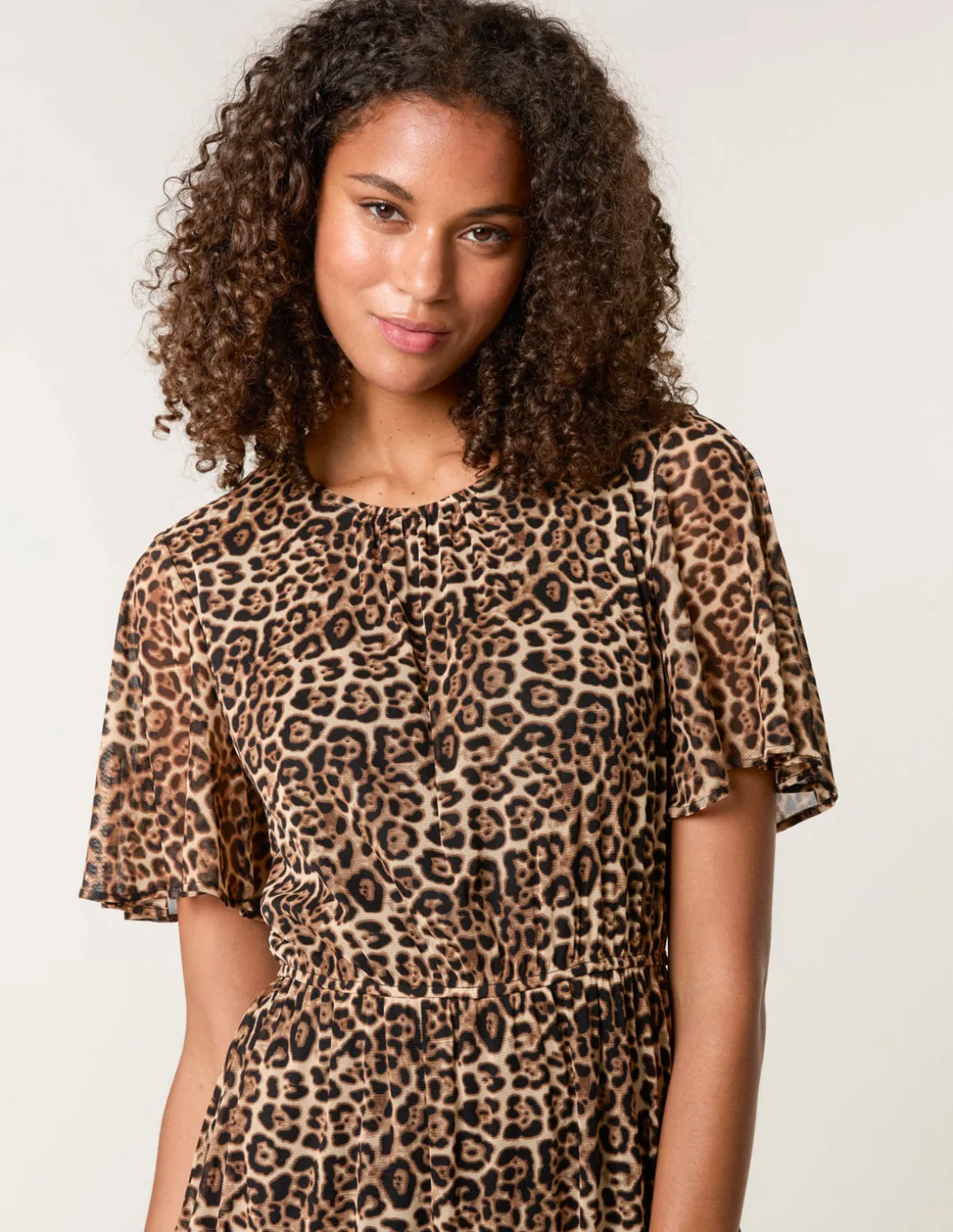 Leopard Print Mesh Crew Neck Mini Dress