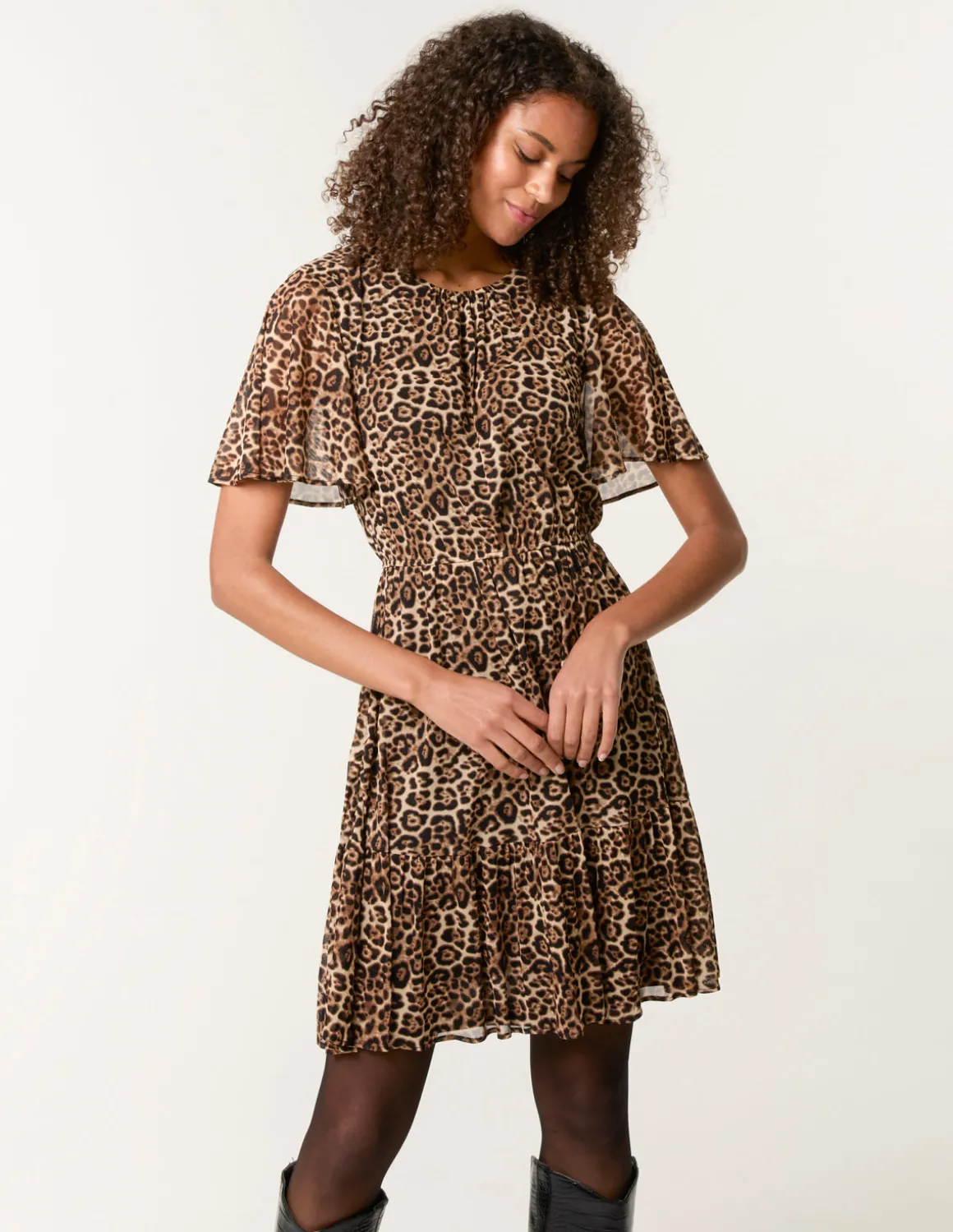 Leopard Print Mesh Crew Neck Mini Dress