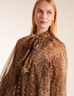 Leopard Print Pussybow Frill Shirt Dress