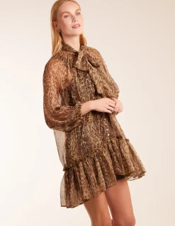 Leopard Print Pussybow Frill Shirt Dress