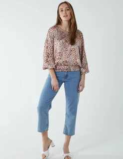 Leopard Print Round Neck Batwing Shirred Hemband Top