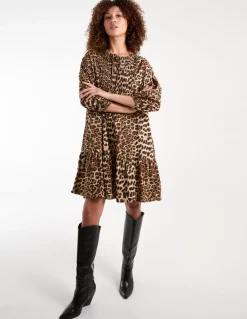 Leopard Print Shirred Front Tie Neck Smock Dress