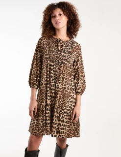 Leopard Print Shirred Front Tie Neck Smock Dress