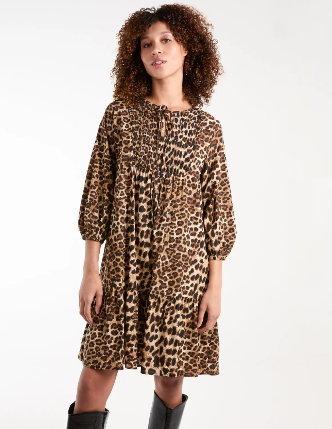Leopard Print Shirred Front Tie Neck Smock Dress