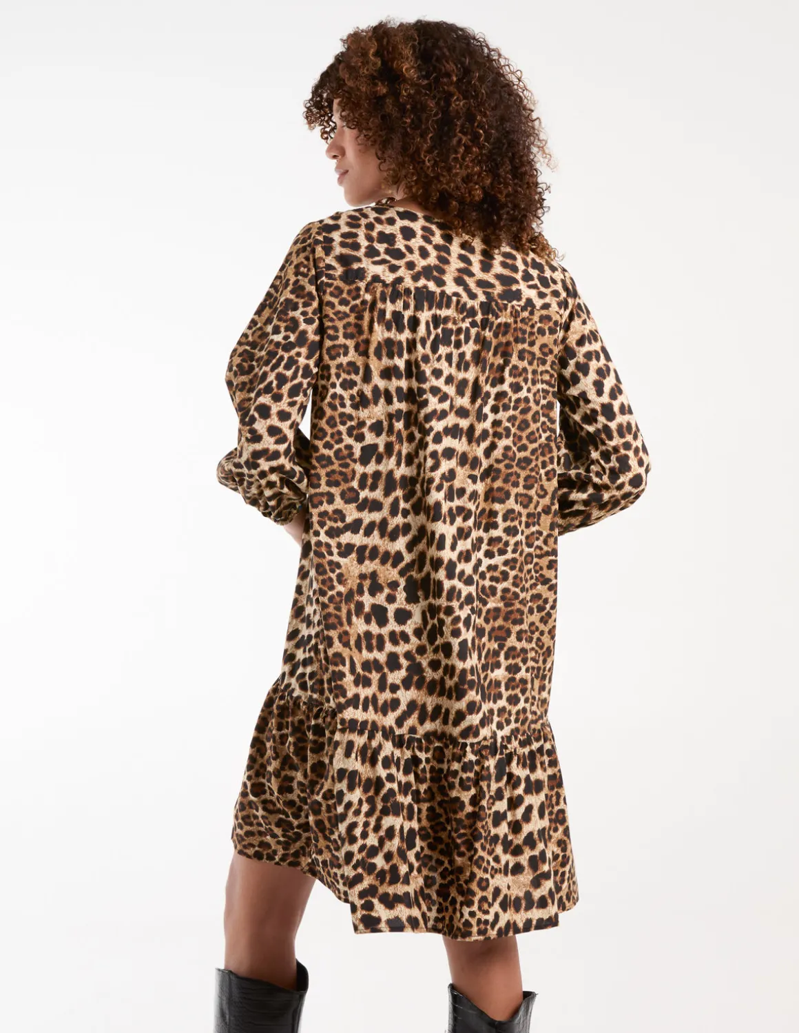 Leopard Print Shirred Front Tie Neck Smock Dress