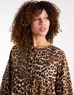 Leopard Print Shirred Front Tie Neck Smock Dress