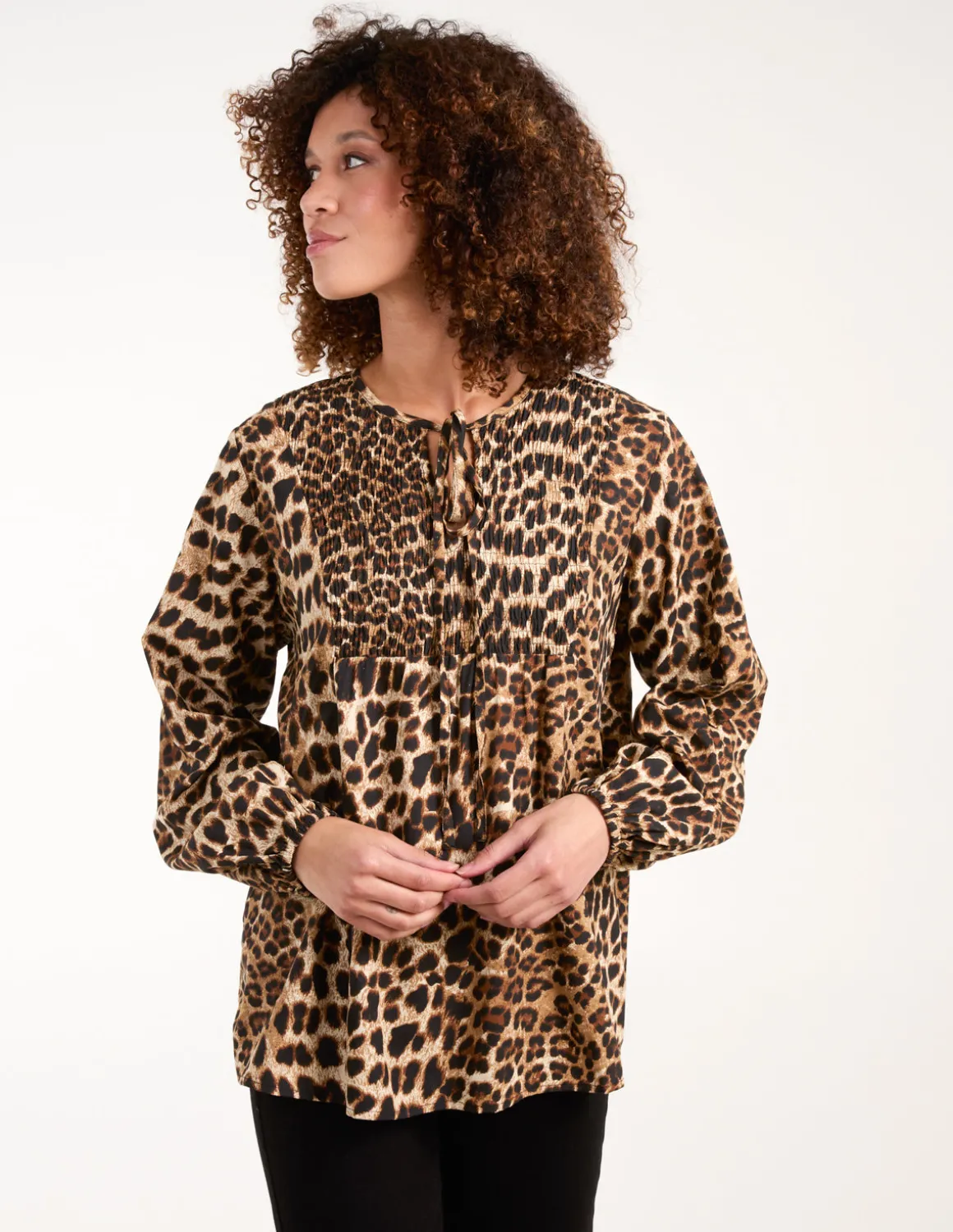 Leopard Print Shirred Front Tie Neck Blouse