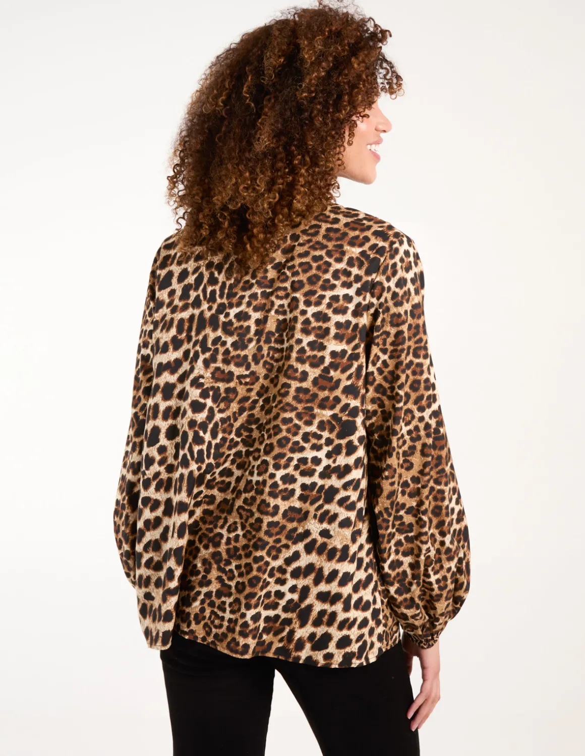 Leopard Print Shirred Front Tie Neck Blouse