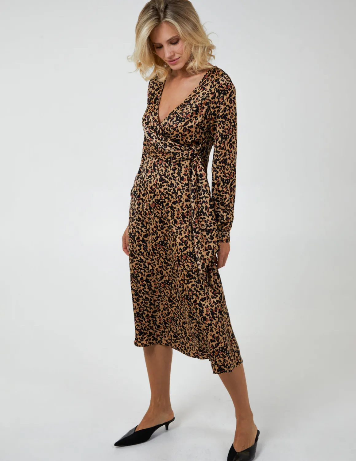 Leopard Print Wrap Midi Dress