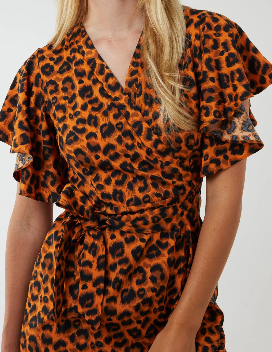 Leopard Print Wrap Ruffle Midi Dress