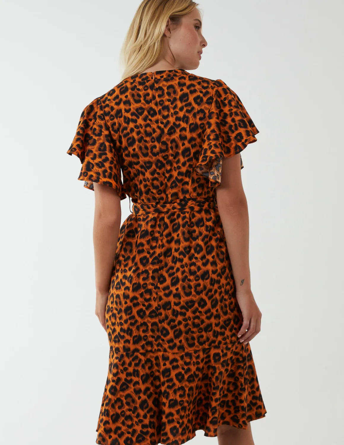 Leopard Print Wrap Ruffle Midi Dress