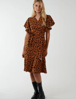 Leopard Print Wrap Ruffle Midi Dress