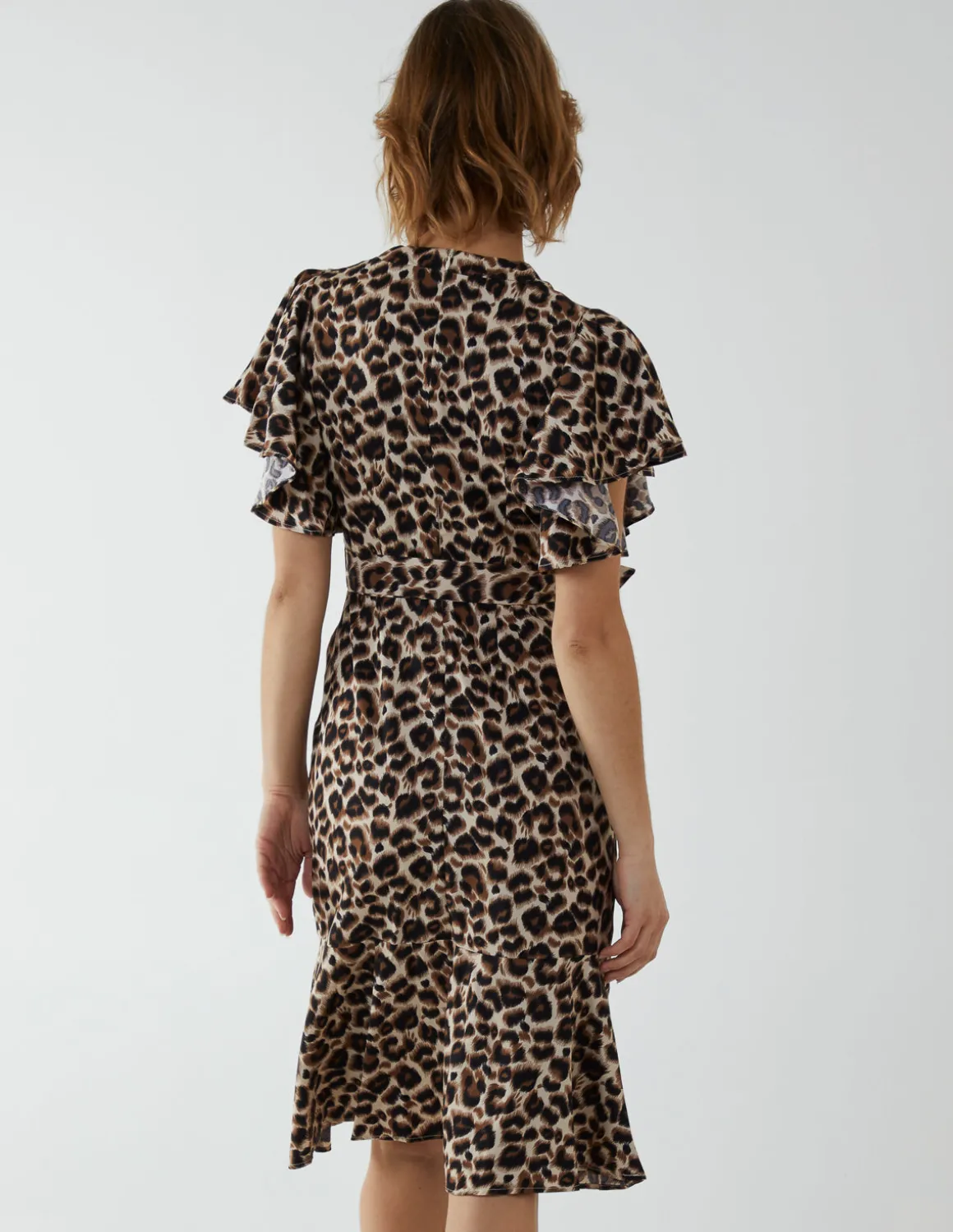 Leopard Print Wrap Ruffle Midi Dress