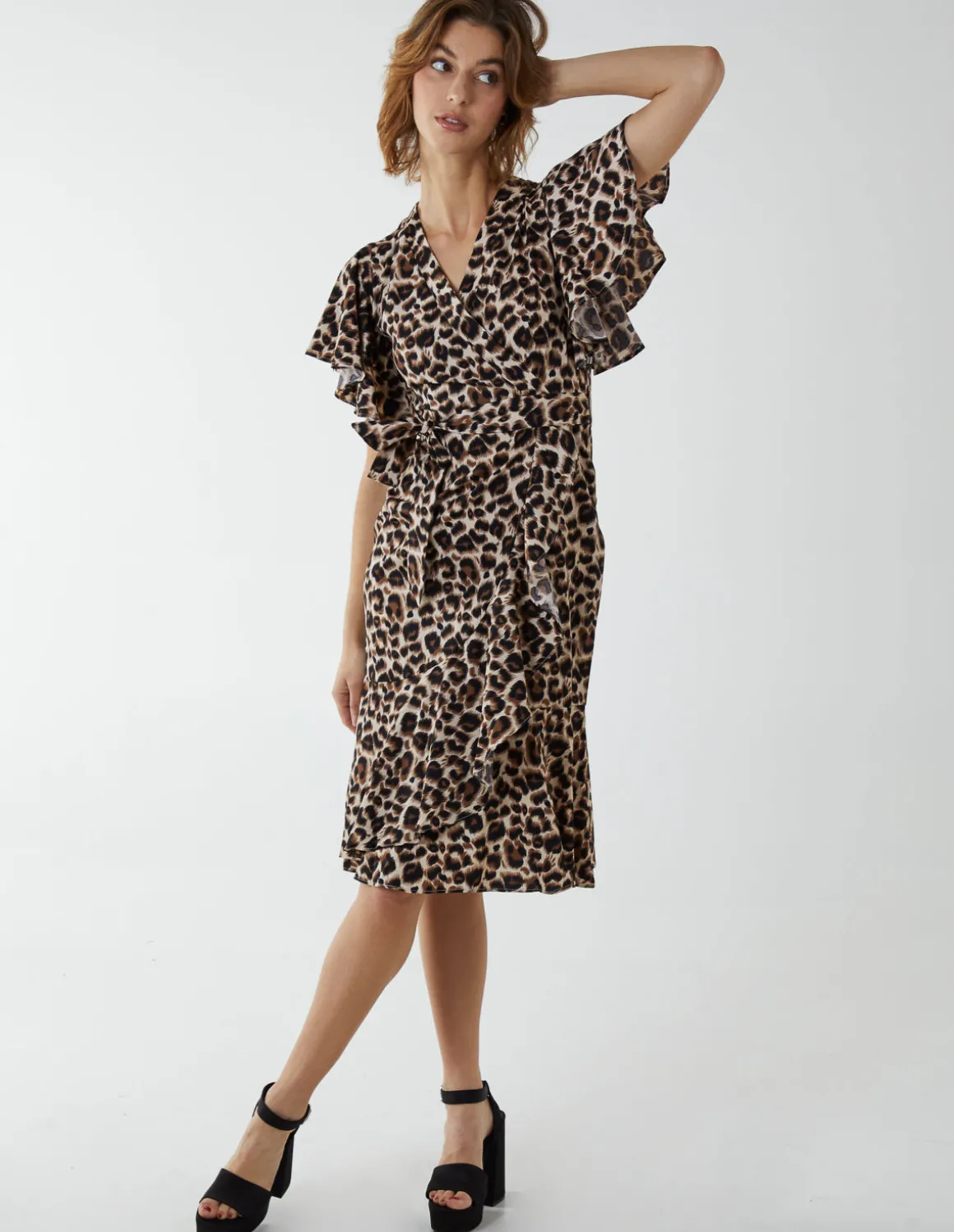 Leopard Print Wrap Ruffle Midi Dress