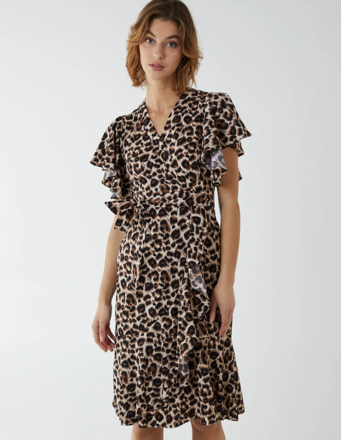 Leopard Print Wrap Ruffle Midi Dress
