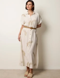 Linen Belted Dress With Feather Embroidery