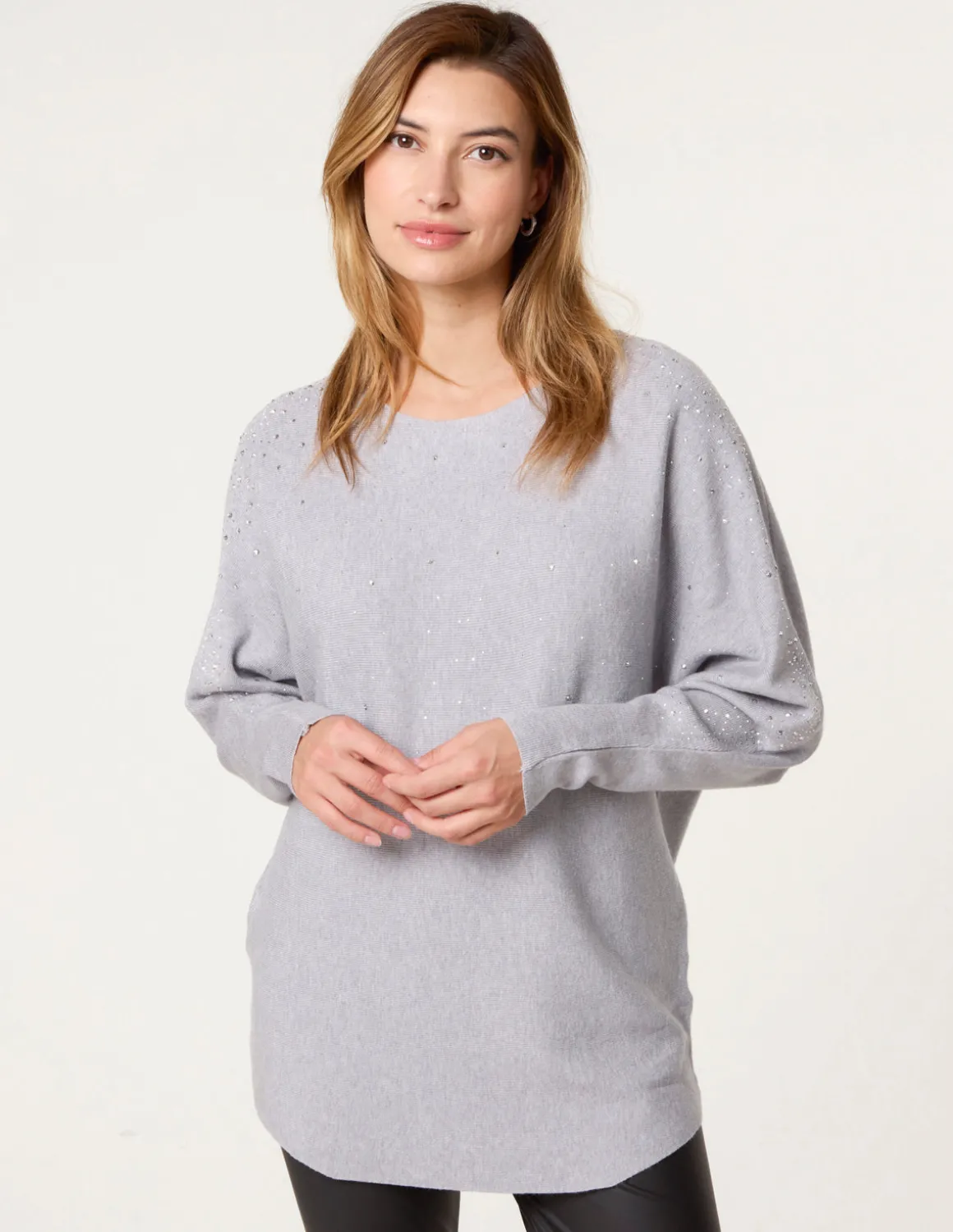 Long Sleeve Diamante Detailed Batwing Jumper
