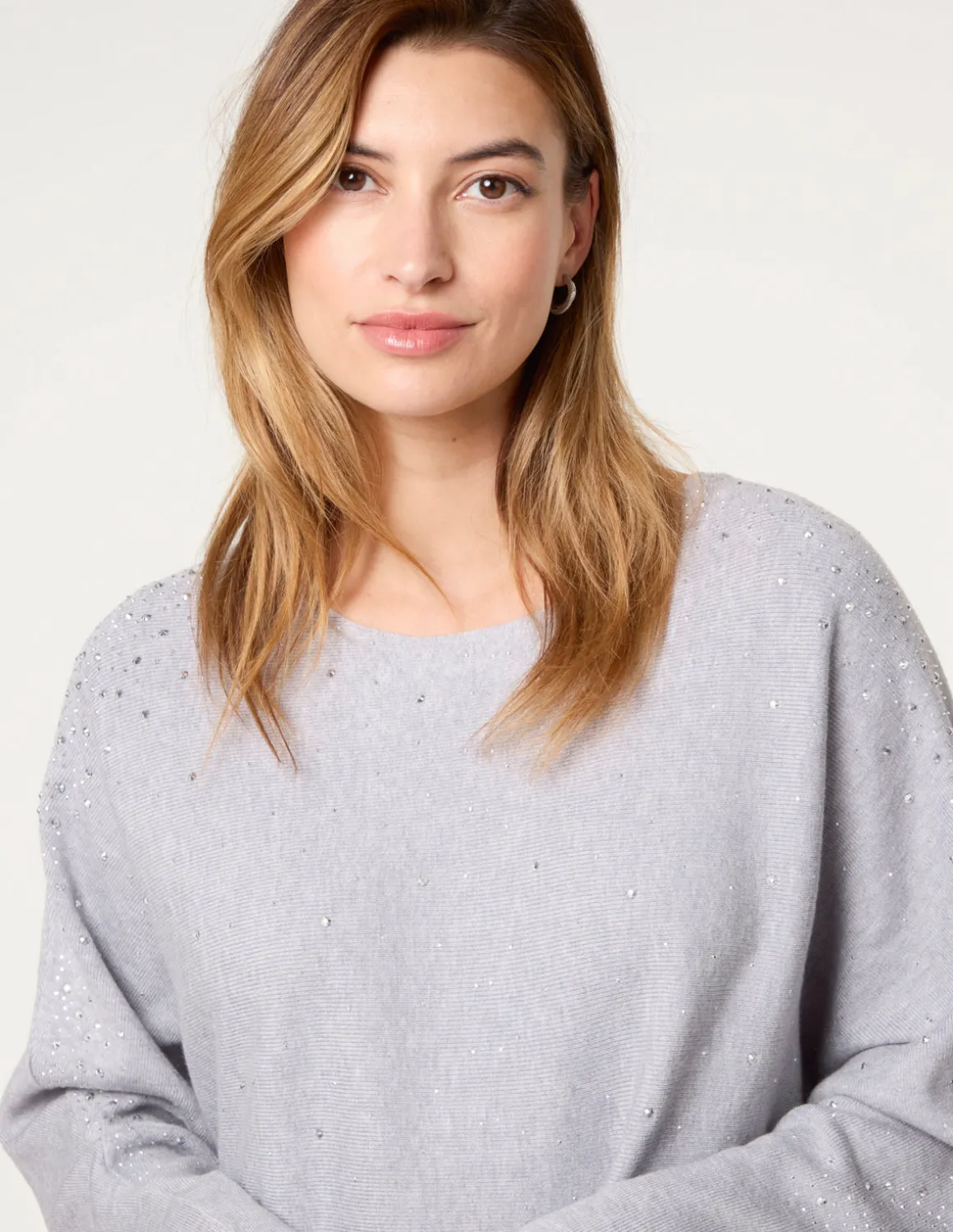 Long Sleeve Diamante Detailed Batwing Jumper