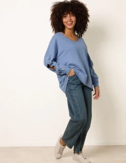 Loop Back Sweat Bow Sleeve Raw Edge V Neck Top