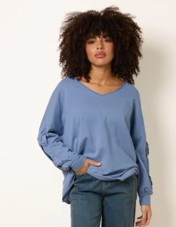 Loop Back Sweat Bow Sleeve Raw Edge V Neck Top