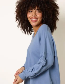 Loop Back Sweat Bow Sleeve Raw Edge V Neck Top