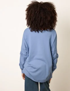 Loop Back Sweat Bow Sleeve Raw Edge V Neck Top