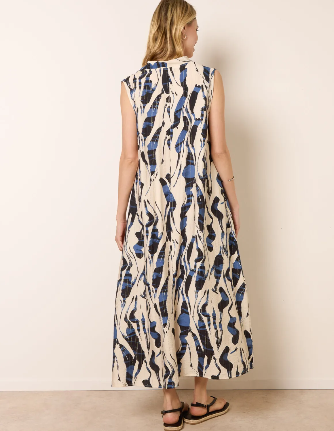Metallic Abstract Printed Collarless V Neck Dress