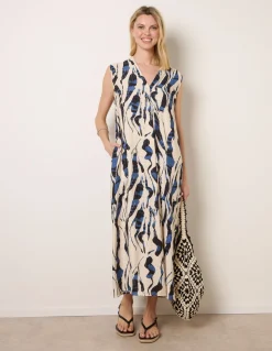 Metallic Abstract Printed Collarless V Neck Dress