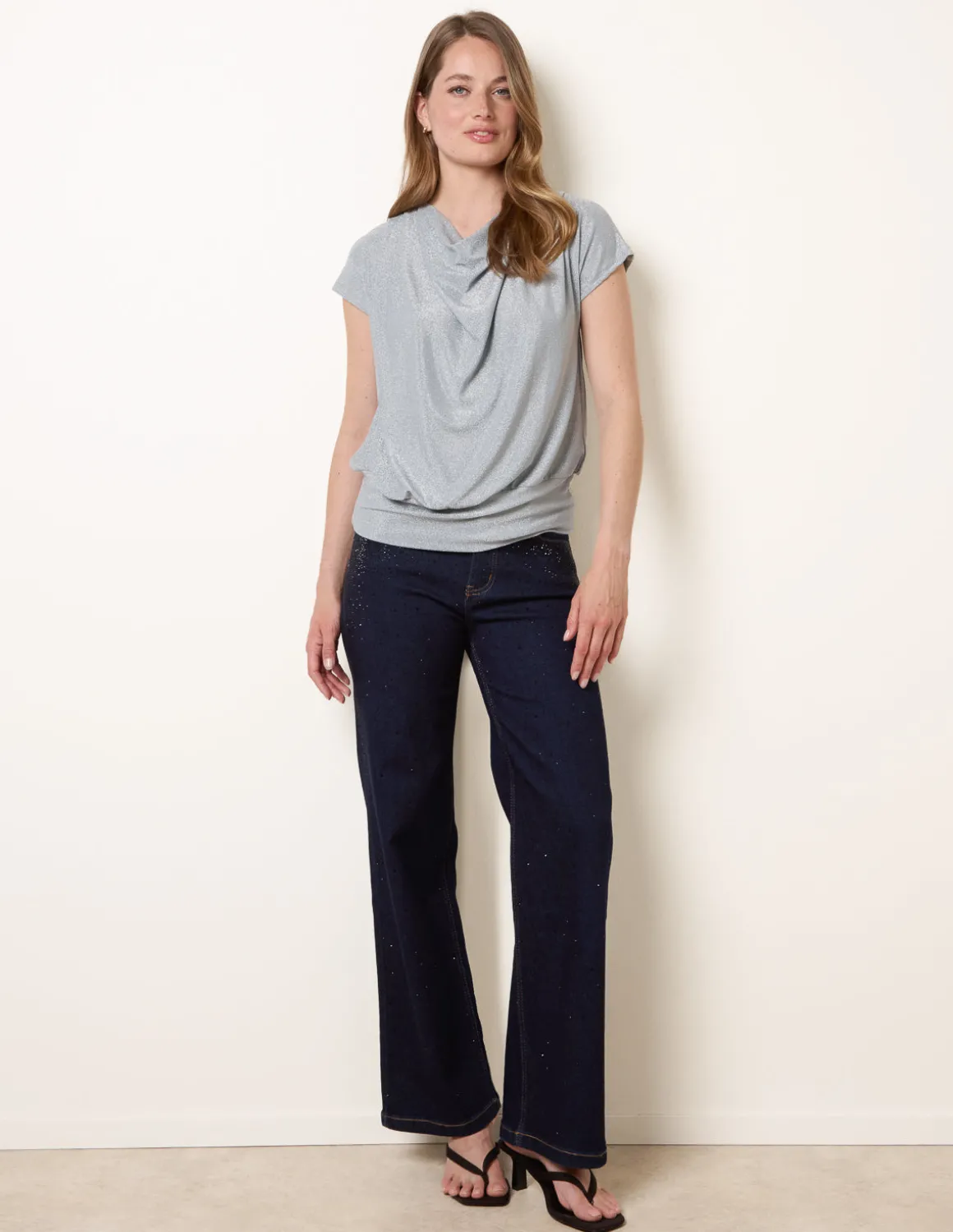Metallic Cowl Neck Draped Top