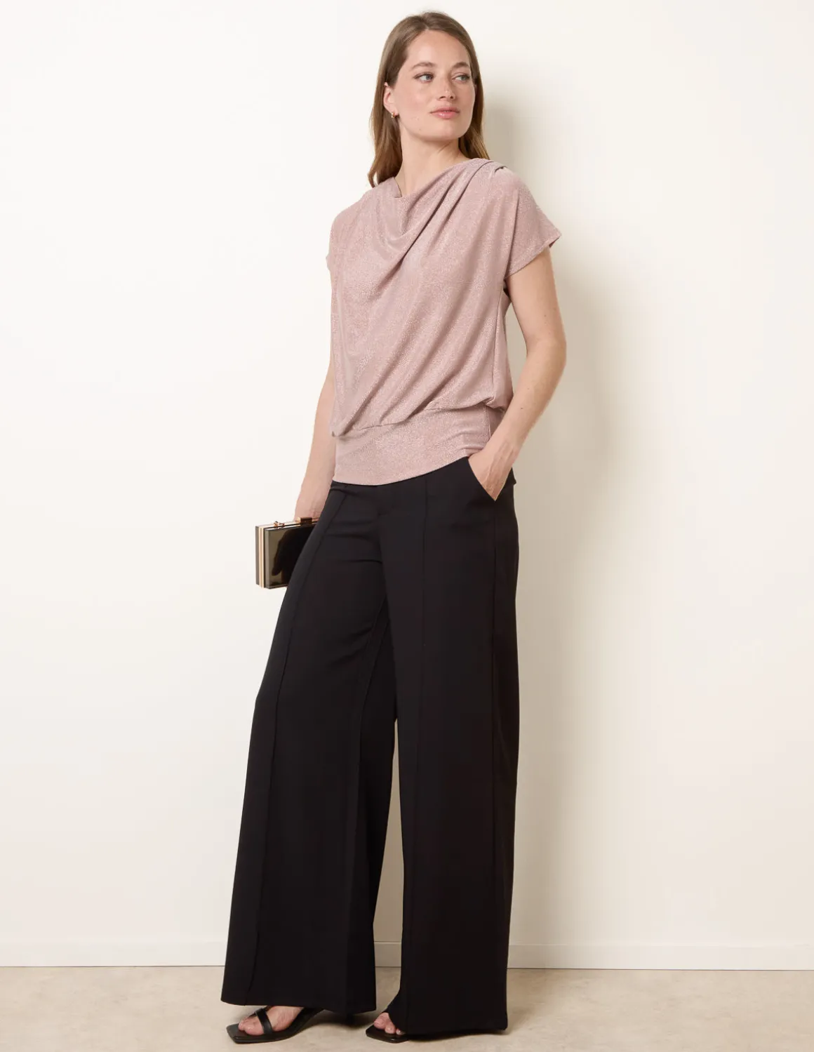 Metallic Cowl Neck Draped Top
