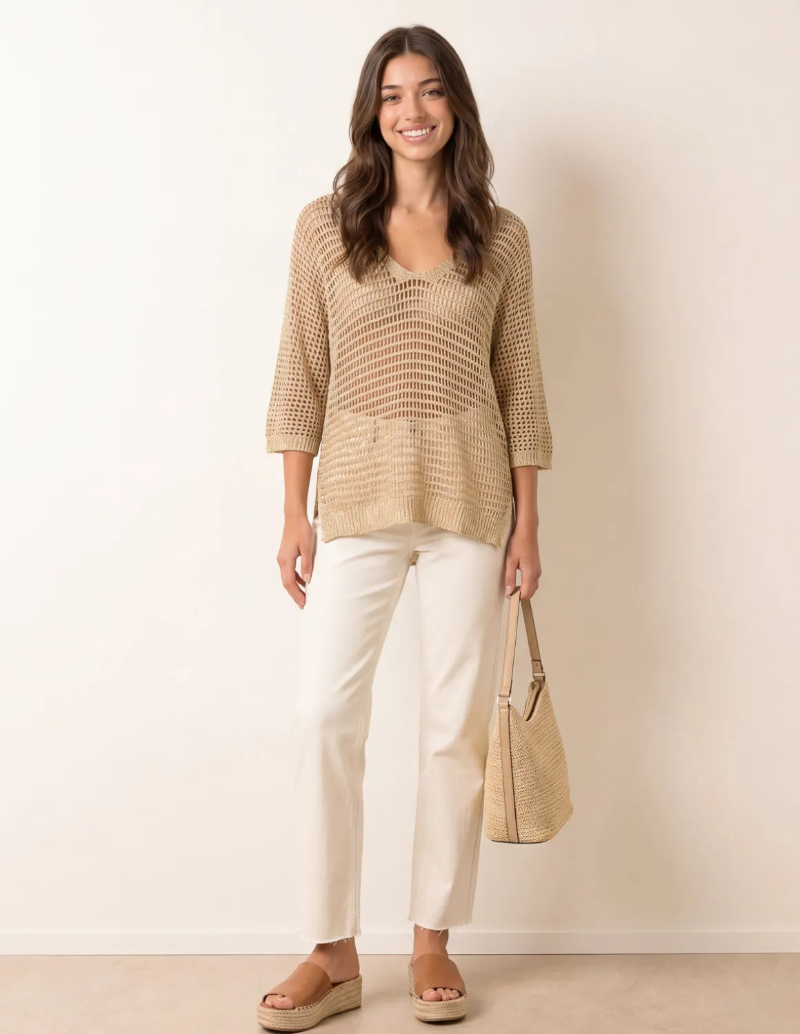 Metallic Crochet V Neck Top