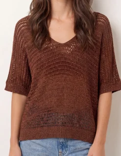 Metallic Crochet V Neck Top