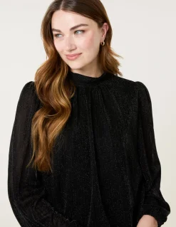 Metallic High Neck Puff Ball Top