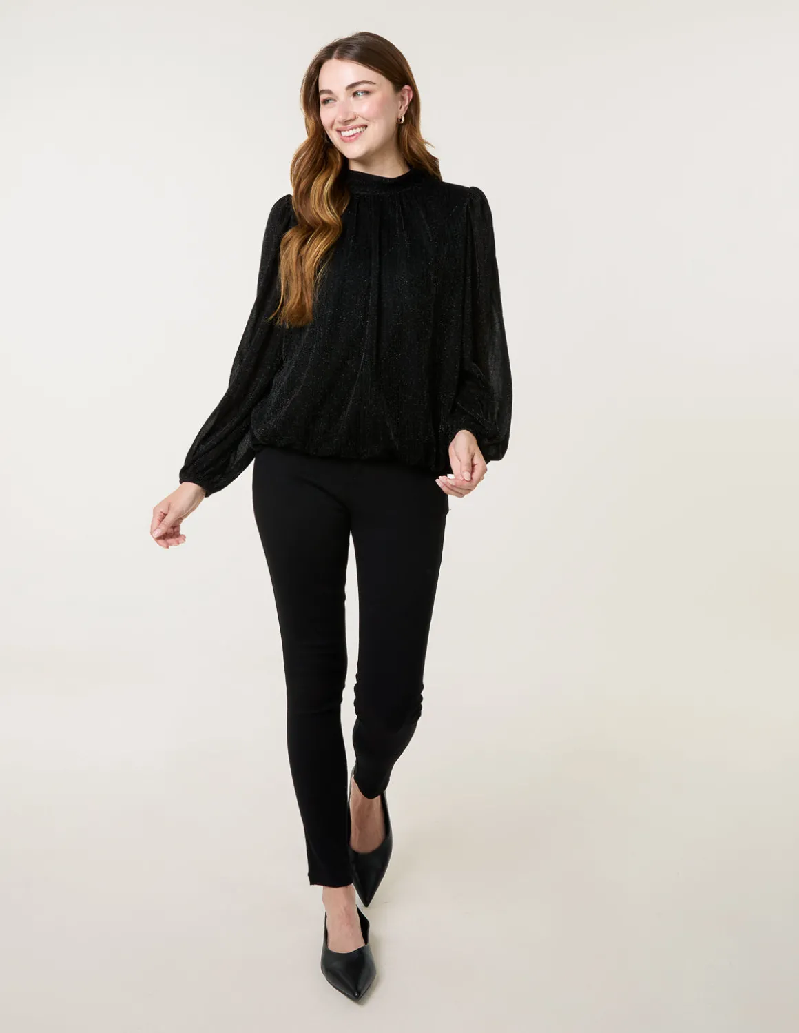 Metallic High Neck Puff Ball Top