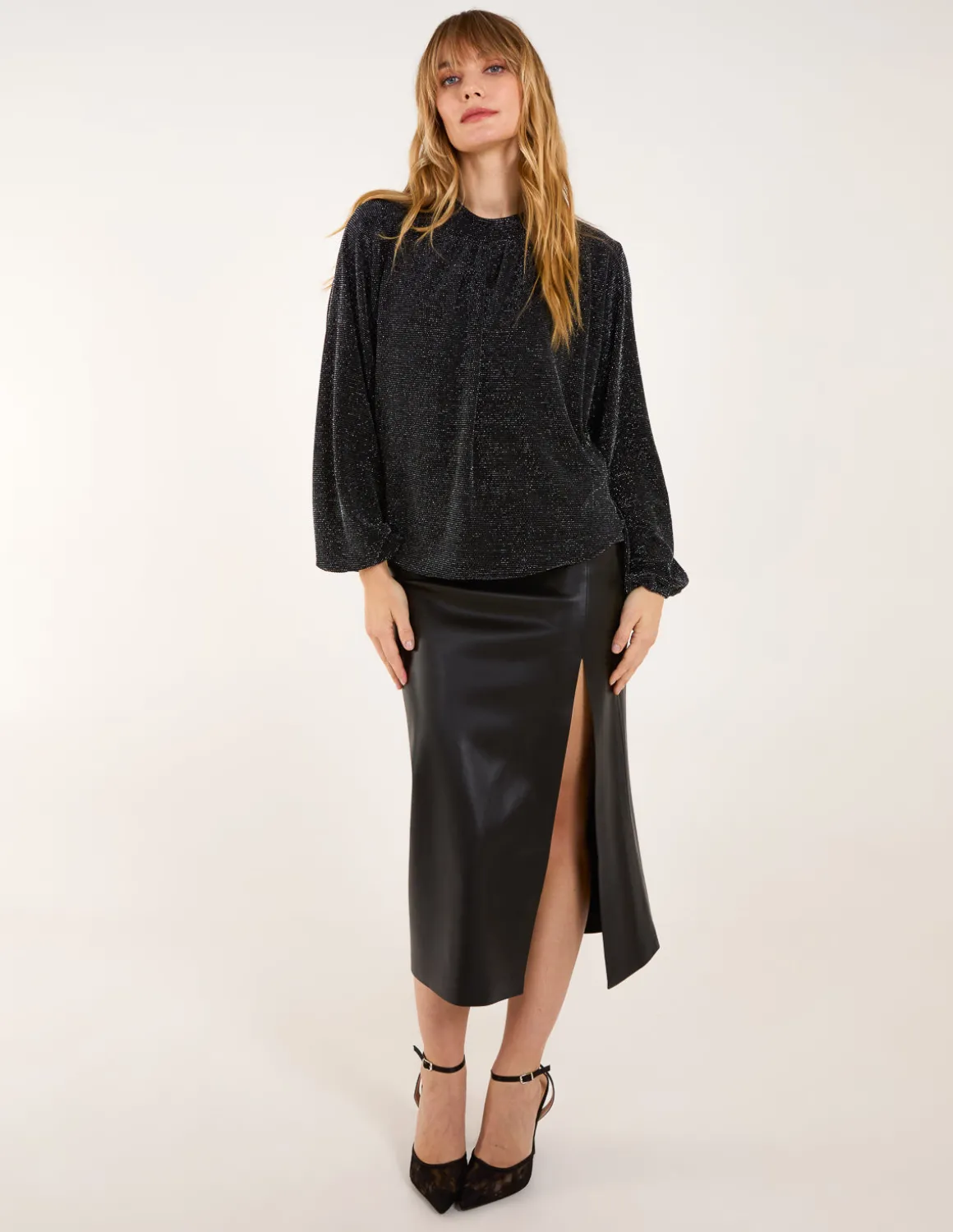 Metallic High Neck Puffball Top