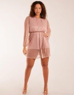 Metallic Plisse Belted Dress