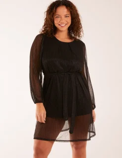 Metallic Plisse Belted Dress