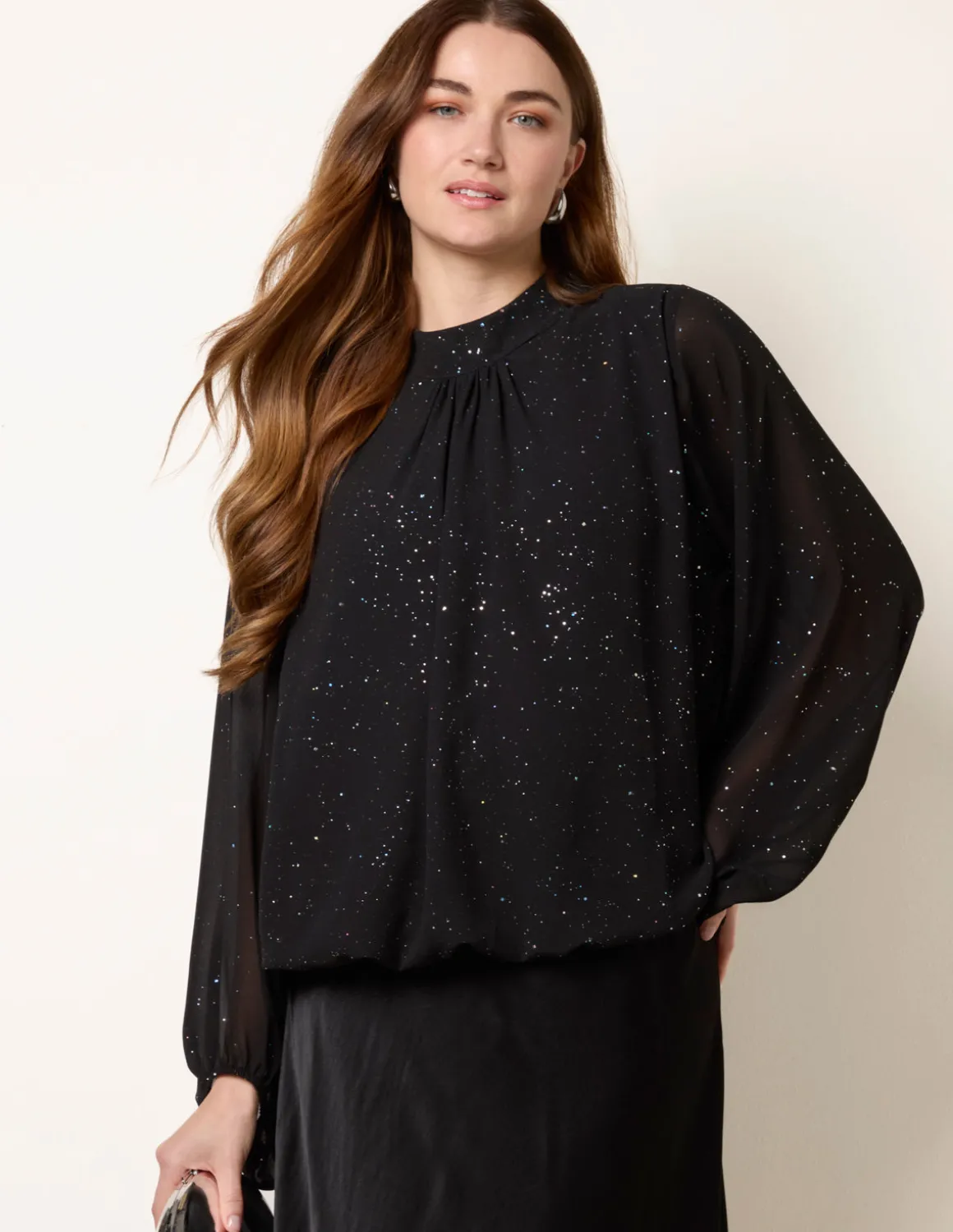 Metallic Sparkle Chiffon High Neck Puffball Top