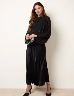 Metallic Sparkle Chiffon High Neck Puffball Top